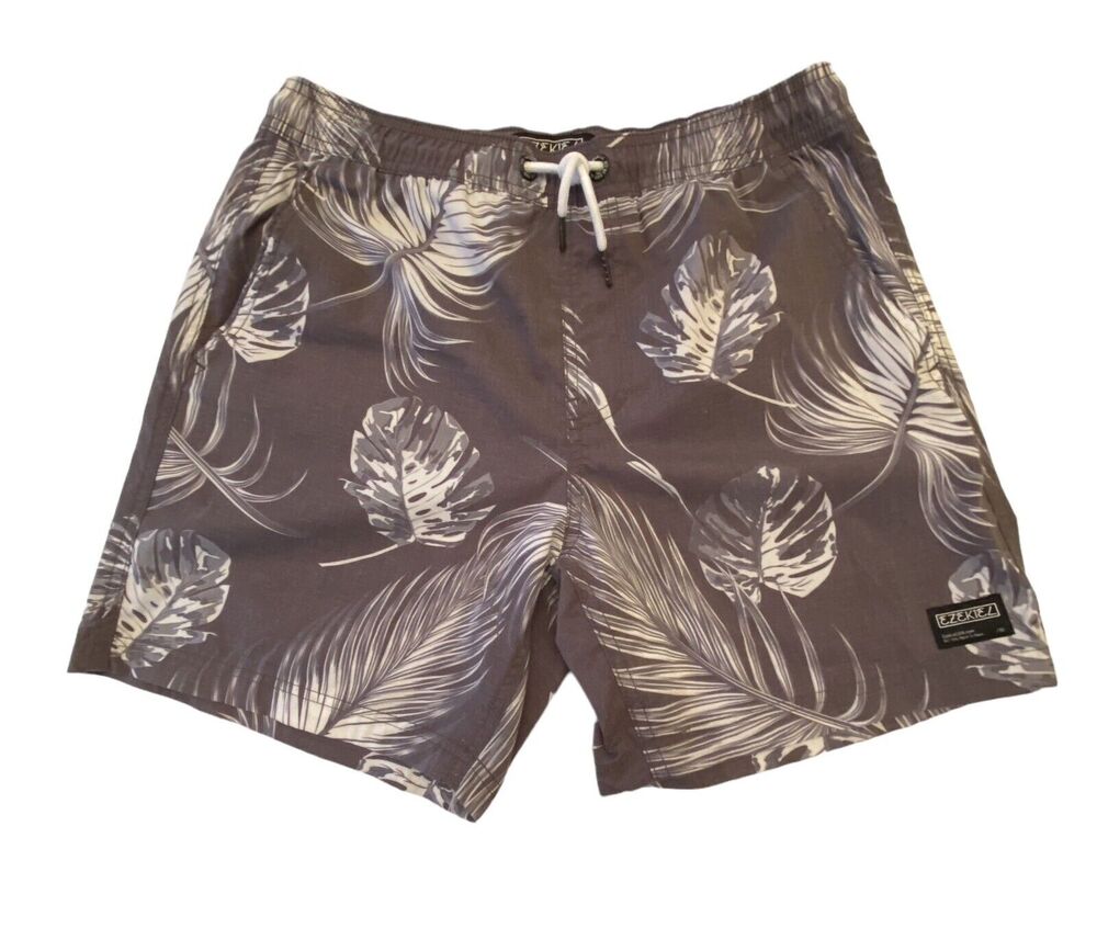 Ezekiel Graphic Print Size 31 Board Shorts Gray White Palm Leaves Pockets